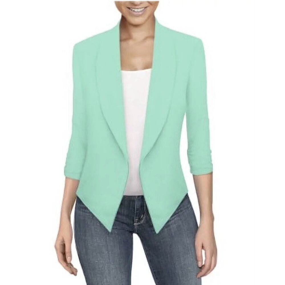 HYBRID & COMPANY Womens Size Small Mint Open Front Scrunch Sleeve Blazer Shirt